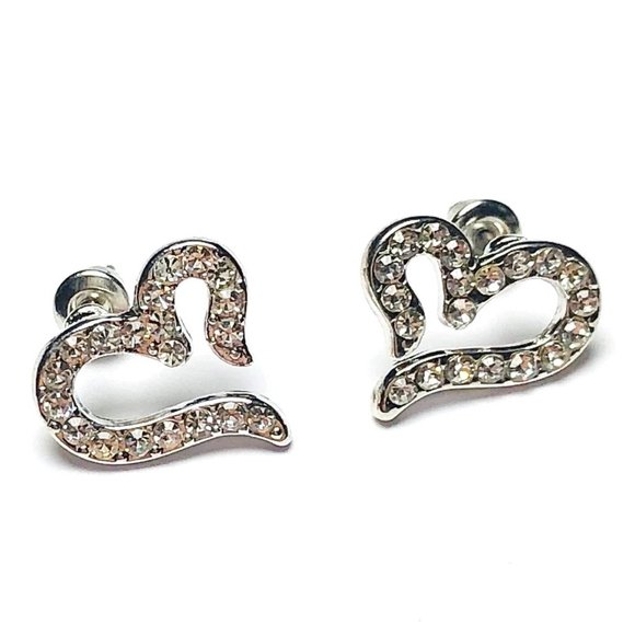 New! Rhinestones Heart Stud Earrings Silver - Picture 5 of 9